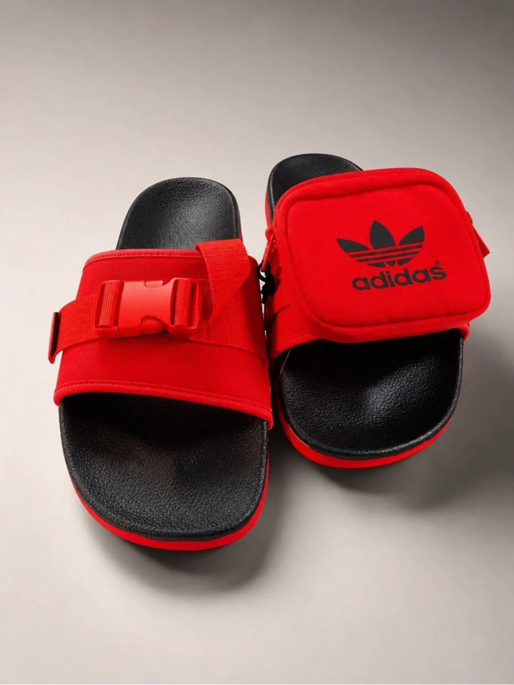 adidas Red Slide Sandals with Black Footbed and Zip Pouch - Picture 2 of 7